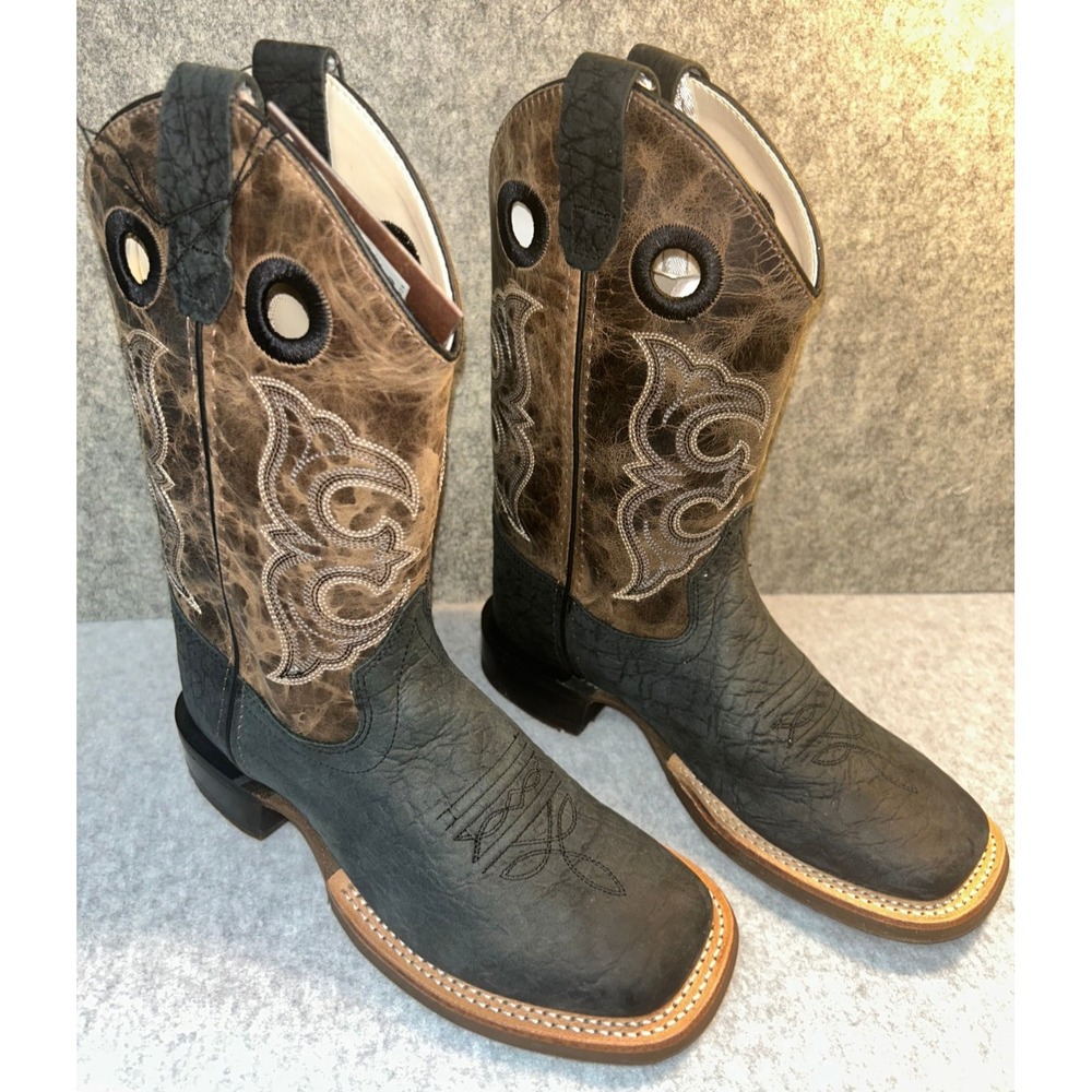 Old West Boys BSC1966 Black Brown Leather Square Toe Cowboy Boots Youth 2.5D